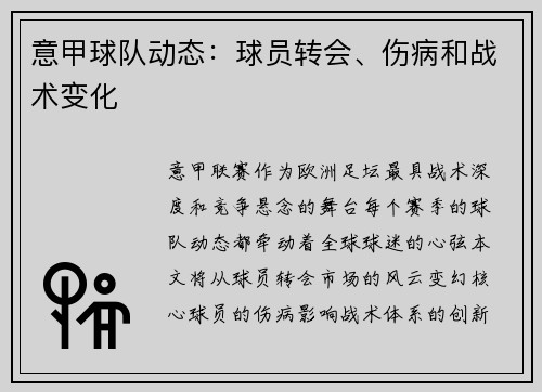 意甲球队动态：球员转会、伤病和战术变化